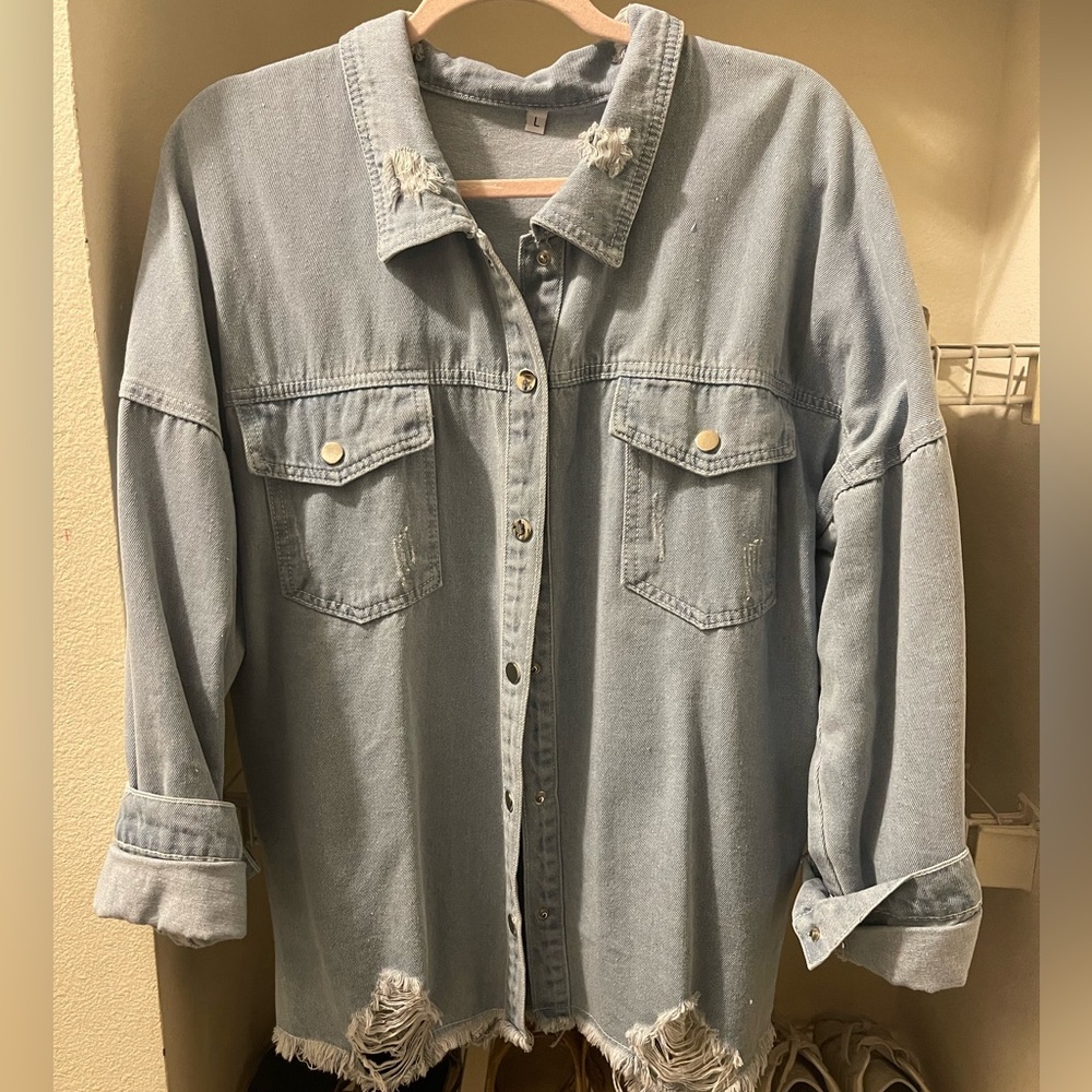 Ladies’ distressed denim shacket.   Large.  Perfect condition.
